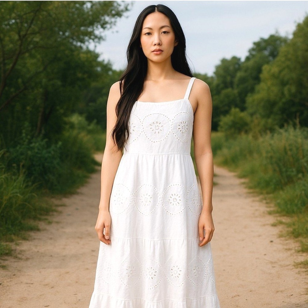 NEW 100% Cotton Maxi Beach Dress 1X - White Eyelet‎ Tiered Boho Peasant